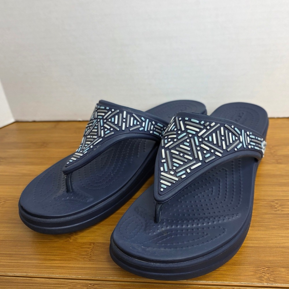 Crocs Monterey Beaded Wedge Flip Flops Navy Blue Women Size 9 Sandals - Picture 11 of 11